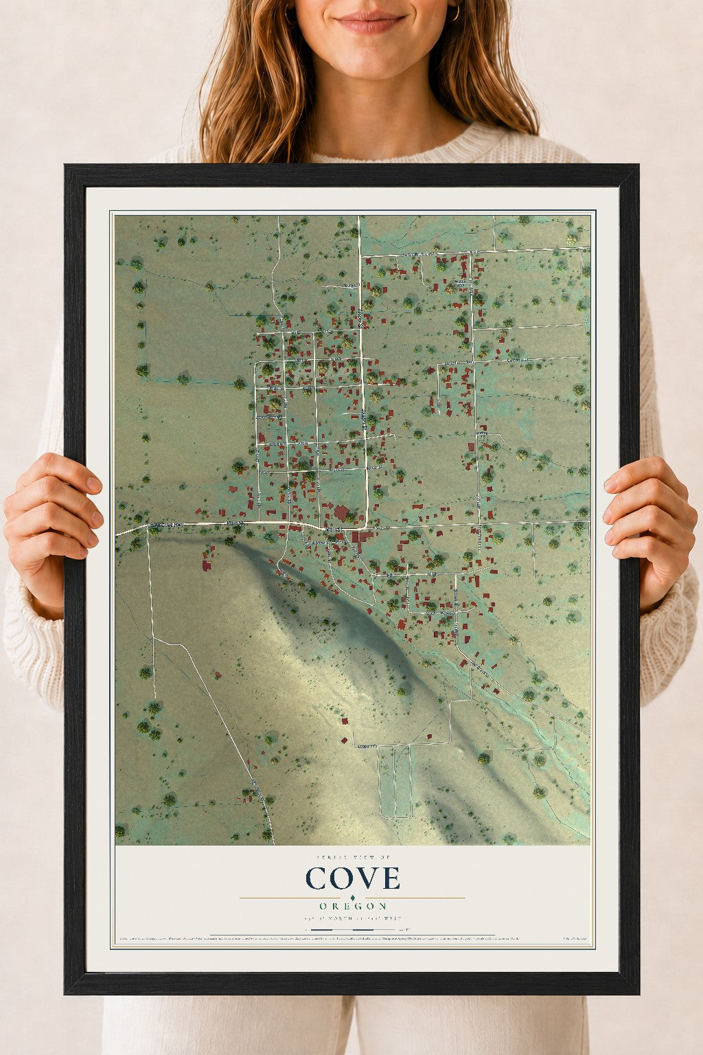 Map of Cove, Oregon, 18 x 24 inch print in a black wood frame