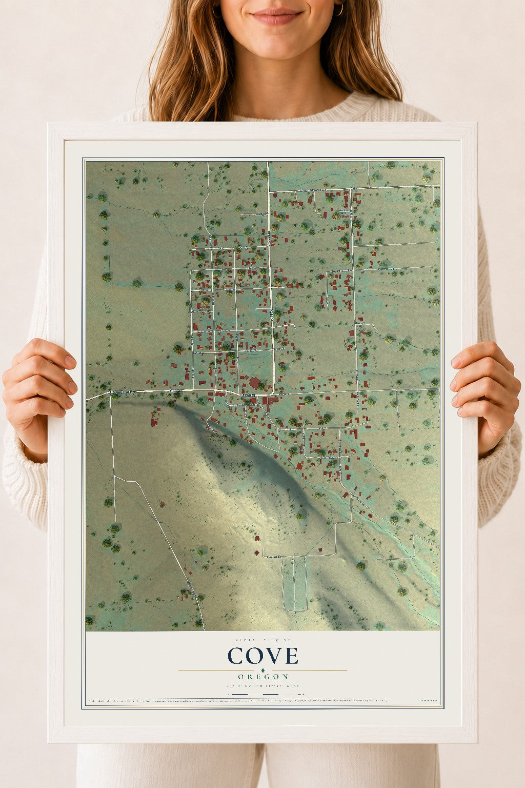 Map of Cove, Oregon, 18 x 24 inch print in a white wood frame