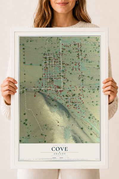 Map of Cove, Oregon, 18 x 24 inch print in a white wood frame