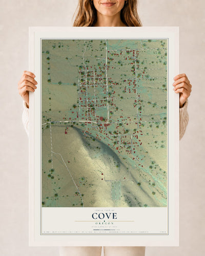 Map of Cove, Oregon, 24 x 36 inch print in a white wood frame