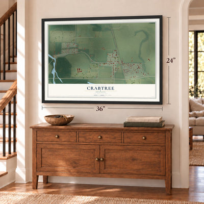 Crabtree, Oregon map, 24 x 36 inch print in a black frame above a dresser by a staircase