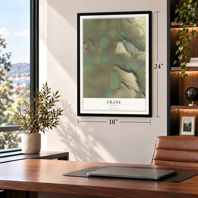 Crane, Oregon map, 18 x 24 inch print in a black frame in a home office