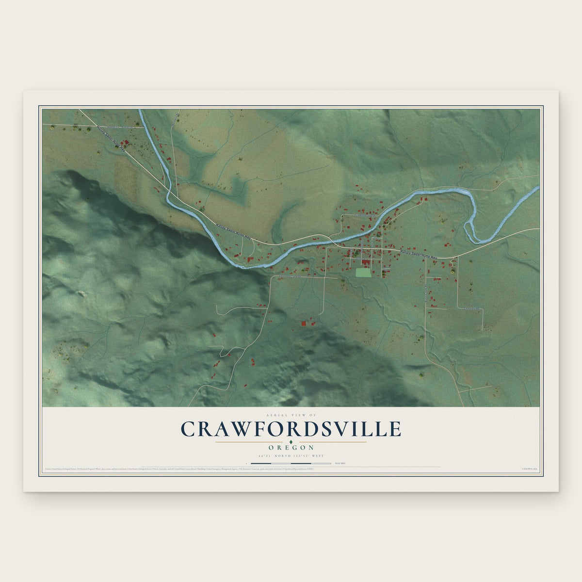 Crawfordsville, Oregon map print, the full design