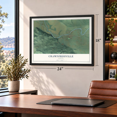 Crawfordsville, Oregon map, 18 x 24 inch print in a black frame in a home office