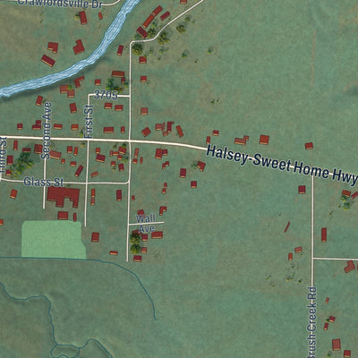 Close-up of the map of Crawfordsville, Oregon print showing street and building detail