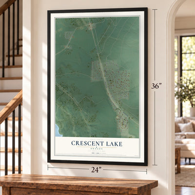 Crescent Lake, Oregon map, 24 x 36 inch print in a black frame by a staircase