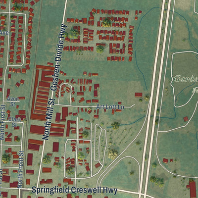 Second close-up of the map of Creswell, Oregon print showing more streets and buildings