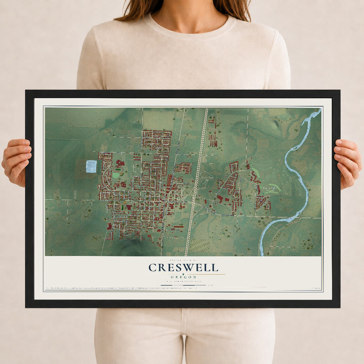 Map of Creswell, Oregon, 12 x 18 inch print in a black wood frame