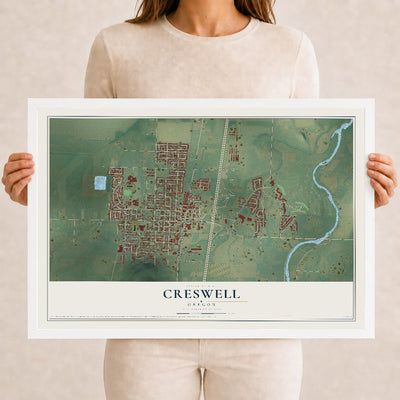 Map of Creswell, Oregon, 12 x 18 inch print in a white wood frame