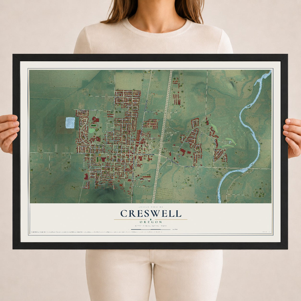 Map of Creswell, Oregon, 18 x 24 inch print in a black wood frame