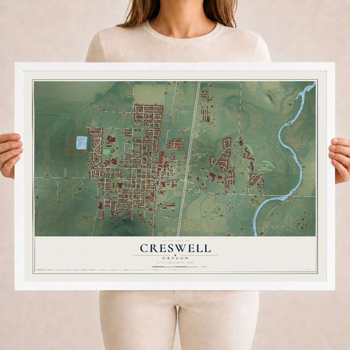 Map of Creswell, Oregon, 18 x 24 inch print in a white wood frame