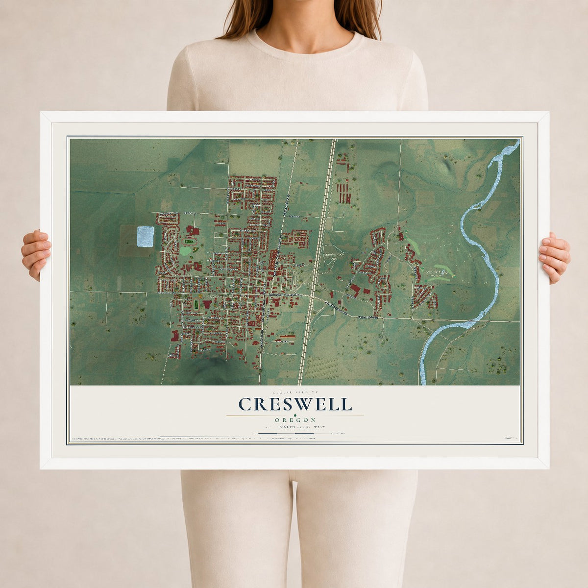 Map of Creswell, Oregon, 24 x 36 inch print in a white wood frame