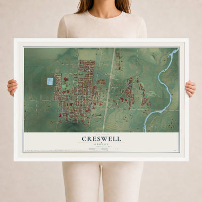 Map of Creswell, Oregon, 24 x 36 inch print in a white wood frame