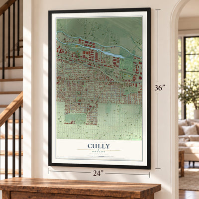 Cully, Oregon map, 24 x 36 inch print in a black frame by a staircase