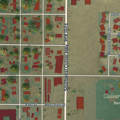 Second close-up of the map of Culver, Oregon print showing more streets and buildings