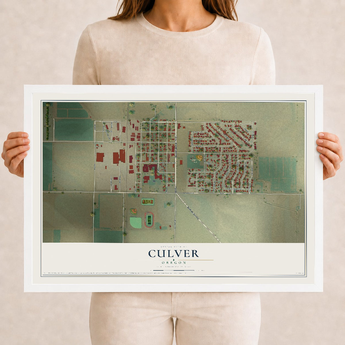 Map of Culver, Oregon, 12 x 18 inch print in a white wood frame