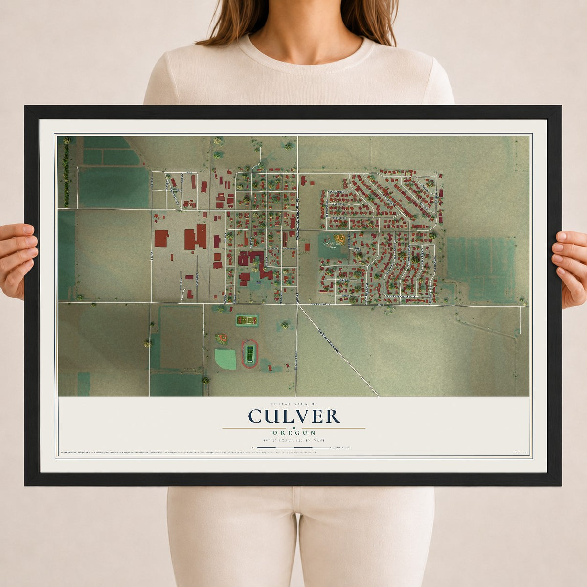 Map of Culver, Oregon, 18 x 24 inch print in a black wood frame