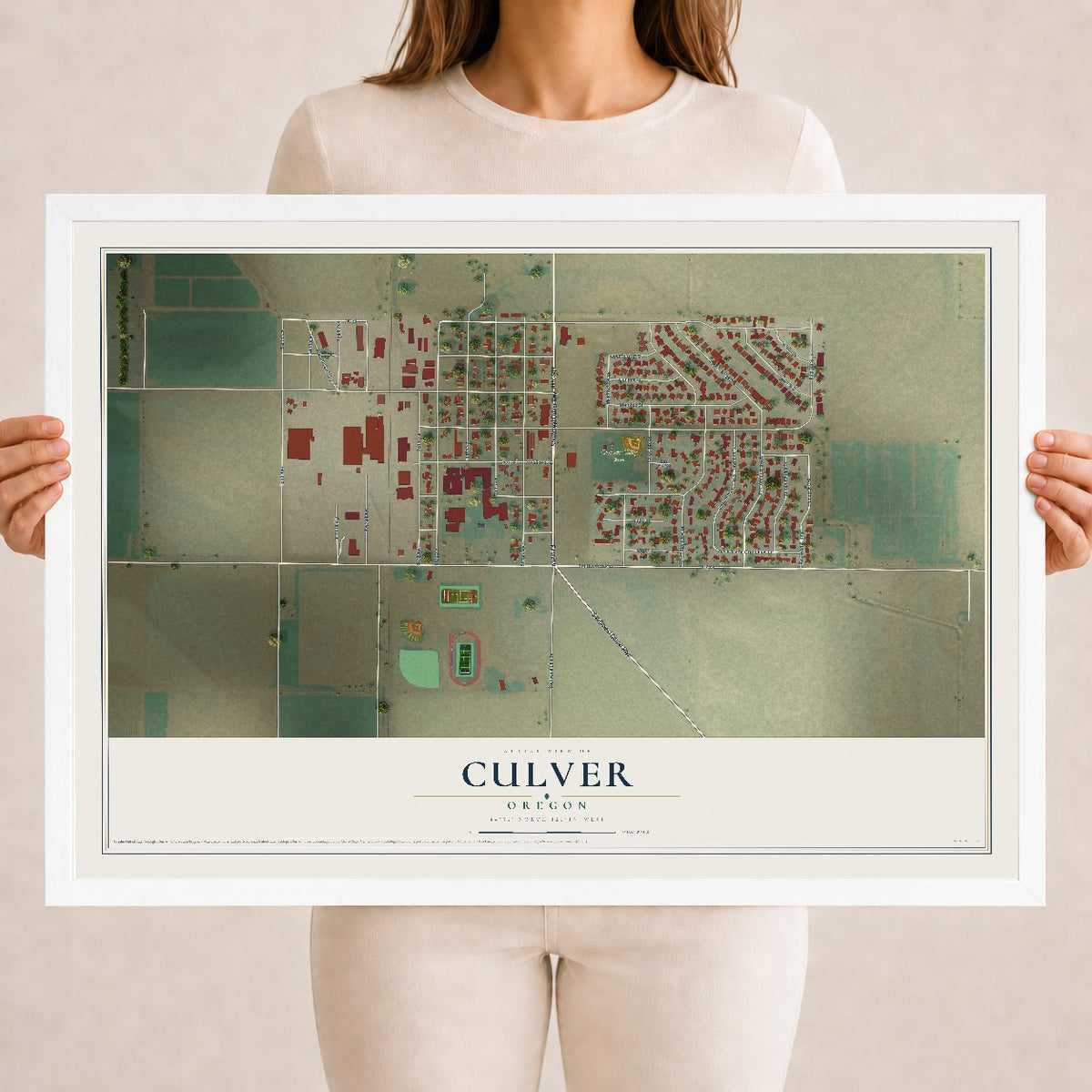Map of Culver, Oregon, 18 x 24 inch print in a white wood frame