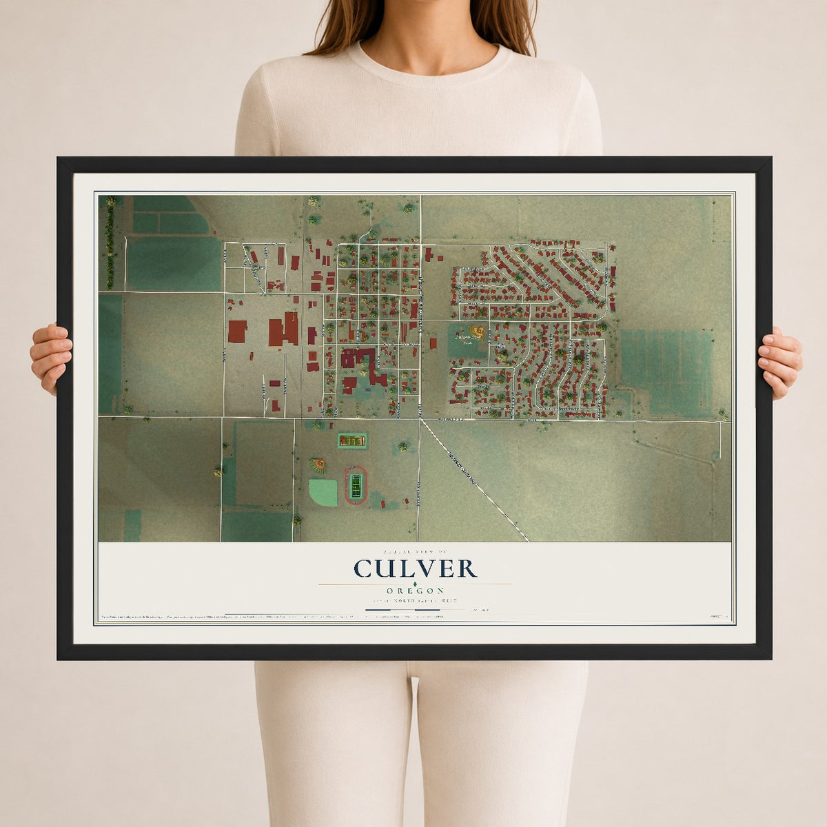 Map of Culver, Oregon, 24 x 36 inch print in a black wood frame