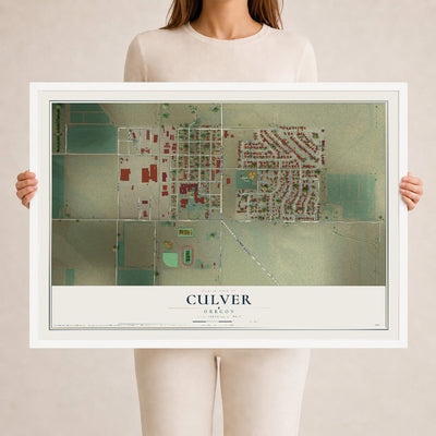 Map of Culver, Oregon, 24 x 36 inch print in a white wood frame