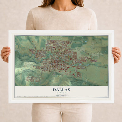 Map of Dallas, Oregon, 12 x 18 inch print in a white wood frame
