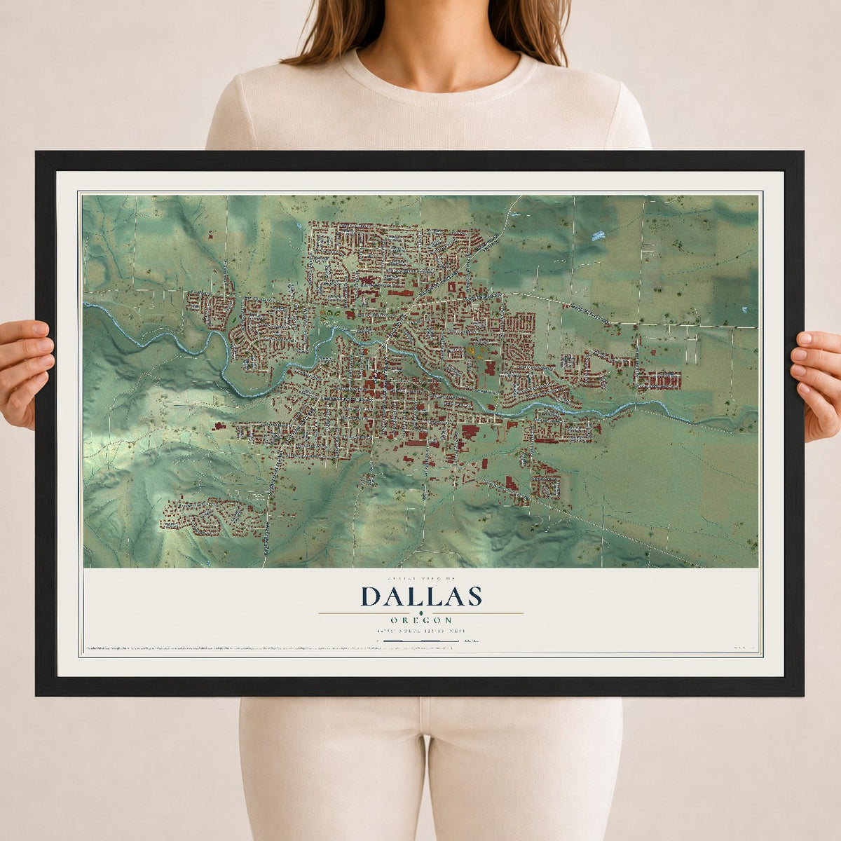 Map of Dallas, Oregon, 18 x 24 inch print in a black wood frame