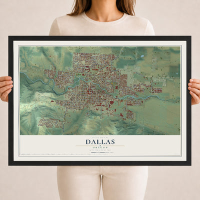 Map of Dallas, Oregon, 18 x 24 inch print in a black wood frame