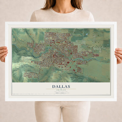 Map of Dallas, Oregon, 18 x 24 inch print in a white wood frame