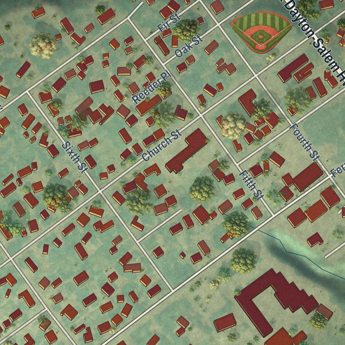 Close-up of the map of Dayton, Oregon print showing street and building detail