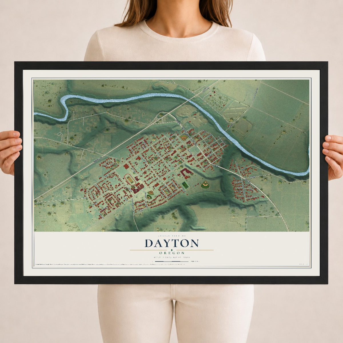 Map of Dayton, Oregon, 18 x 24 inch print in a black wood frame