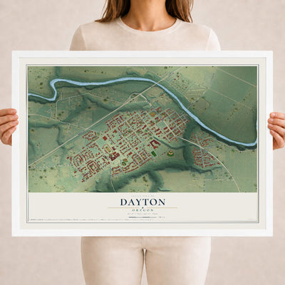 Map of Dayton, Oregon, 18 x 24 inch print in a white wood frame