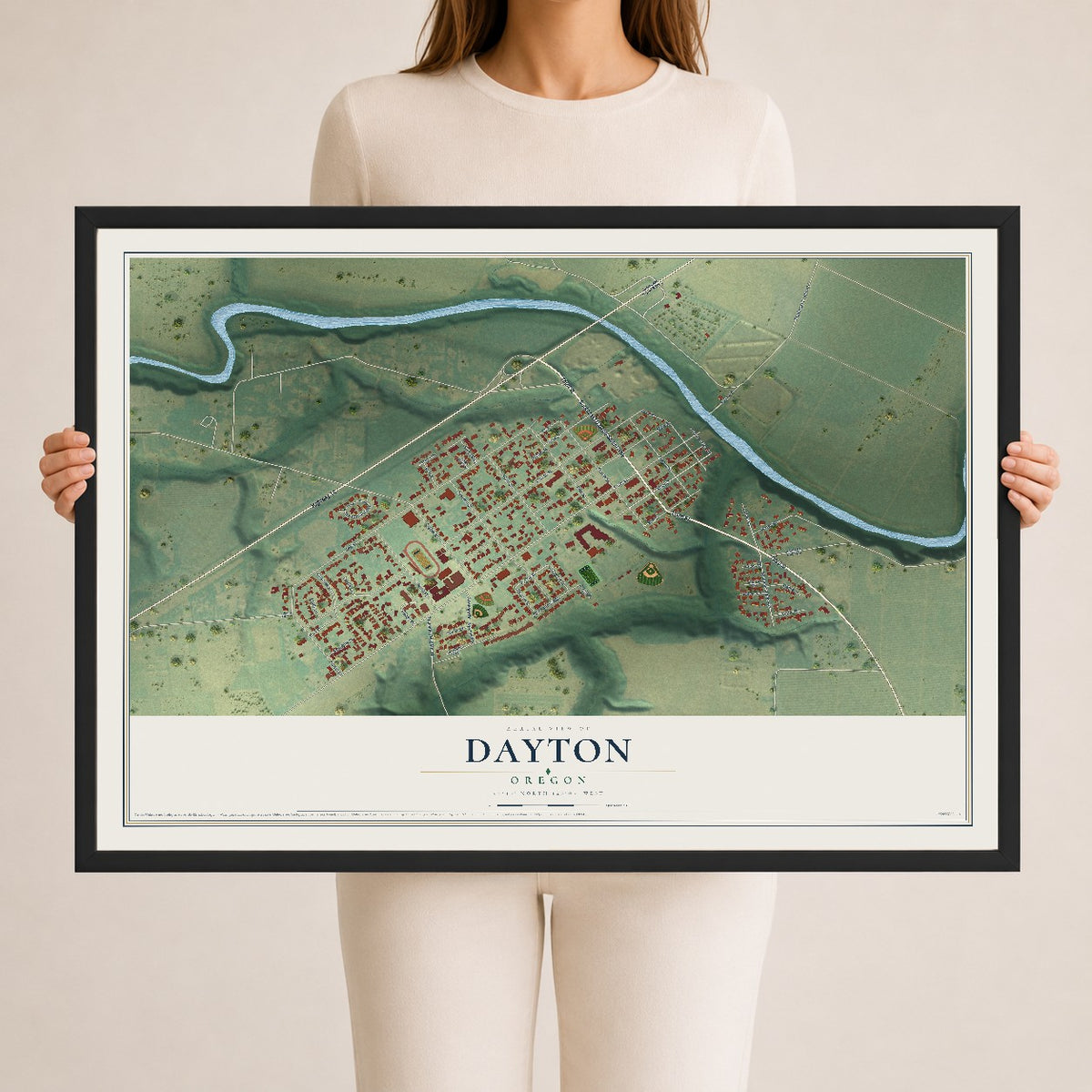 Map of Dayton, Oregon, 24 x 36 inch print in a black wood frame