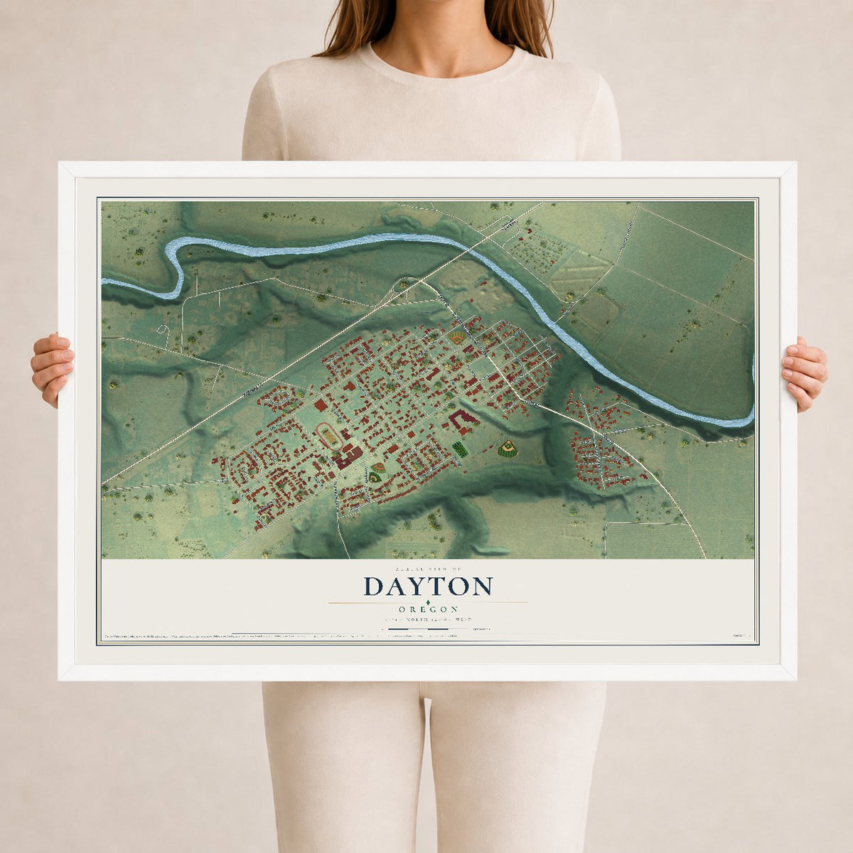 Map of Dayton, Oregon, 24 x 36 inch print in a white wood frame