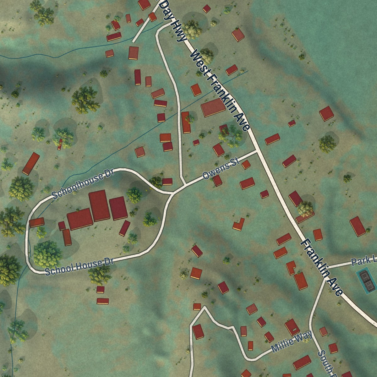 Close-up of the map of Dayville, Oregon print showing street and building detail