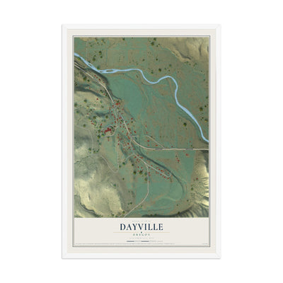 Map of Dayville, Oregon, 12 x 18 inch print in a white wood frame