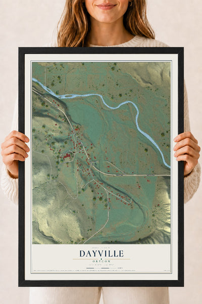 Map of Dayville, Oregon, 18 x 24 inch print in a black wood frame