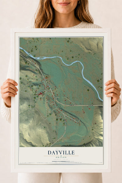 Map of Dayville, Oregon, 18 x 24 inch print in a white wood frame