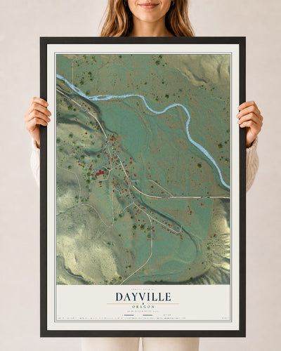 Map of Dayville, Oregon, 24 x 36 inch print in a black wood frame