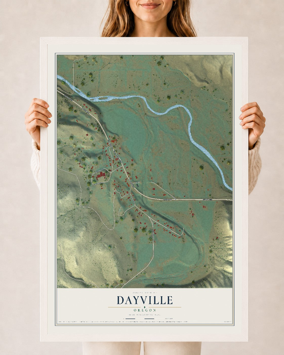 Map of Dayville, Oregon, 24 x 36 inch print in a white wood frame