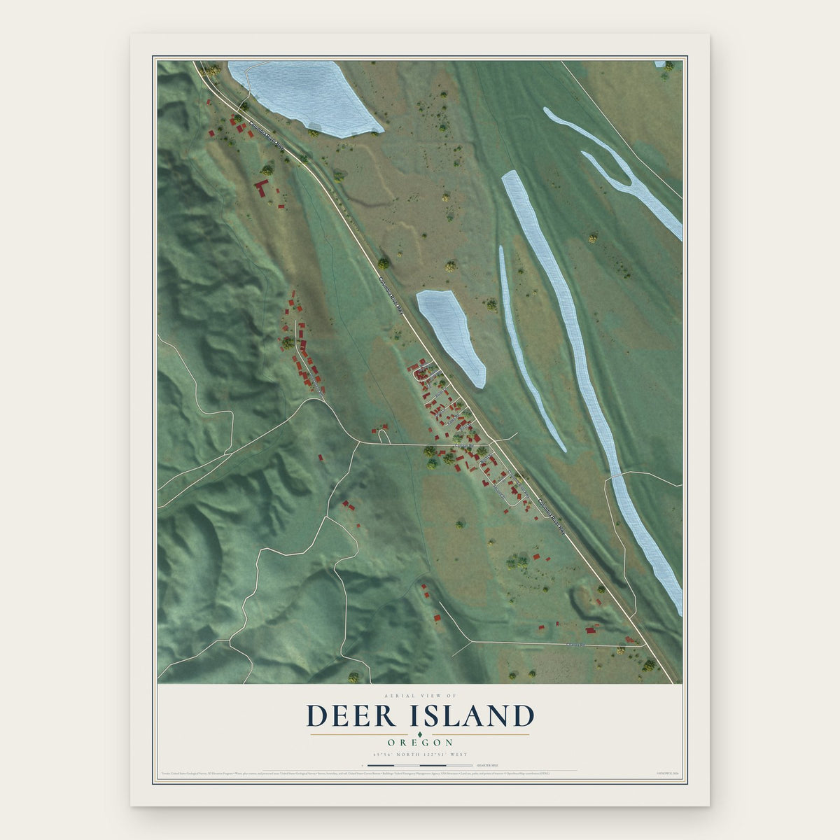Deer Island, Oregon map print, the full design
