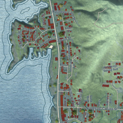 Close-up of the map of Depoe Bay, Oregon print showing street and building detail