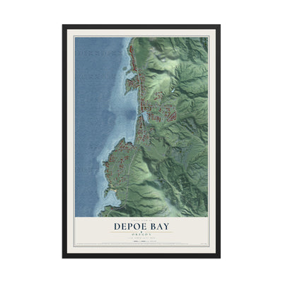 Map of Depoe Bay, Oregon, 12 x 18 inch print in a black wood frame