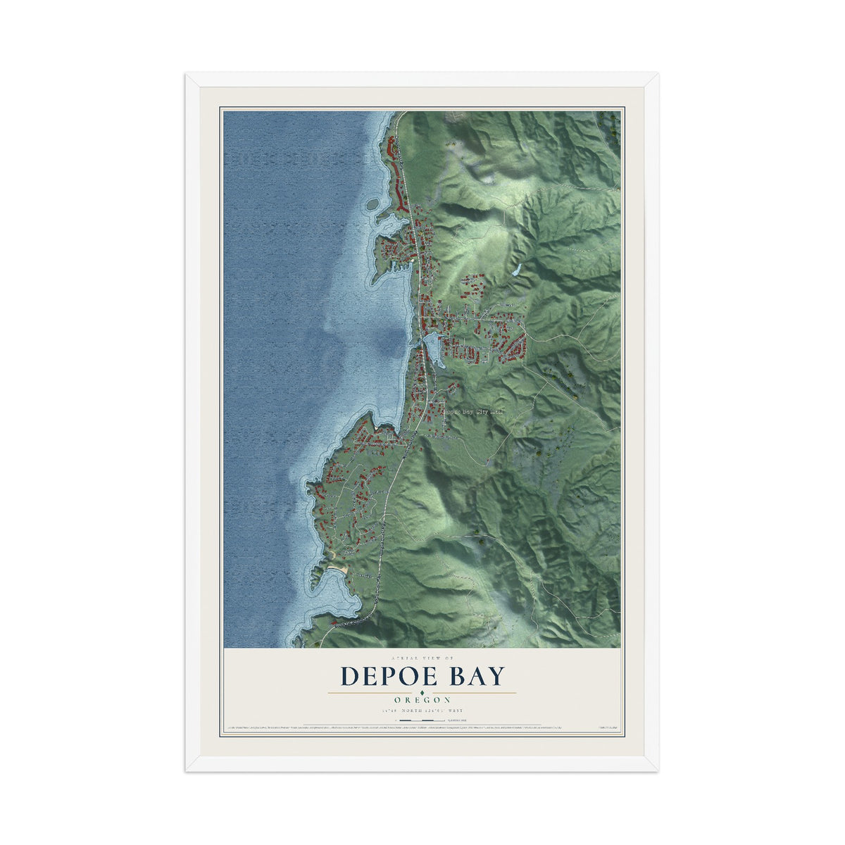 Map of Depoe Bay, Oregon, 12 x 18 inch print in a white wood frame