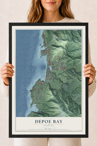 Map of Depoe Bay, Oregon, 18 x 24 inch print in a black wood frame