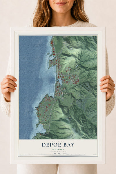Map of Depoe Bay, Oregon, 18 x 24 inch print in a white wood frame
