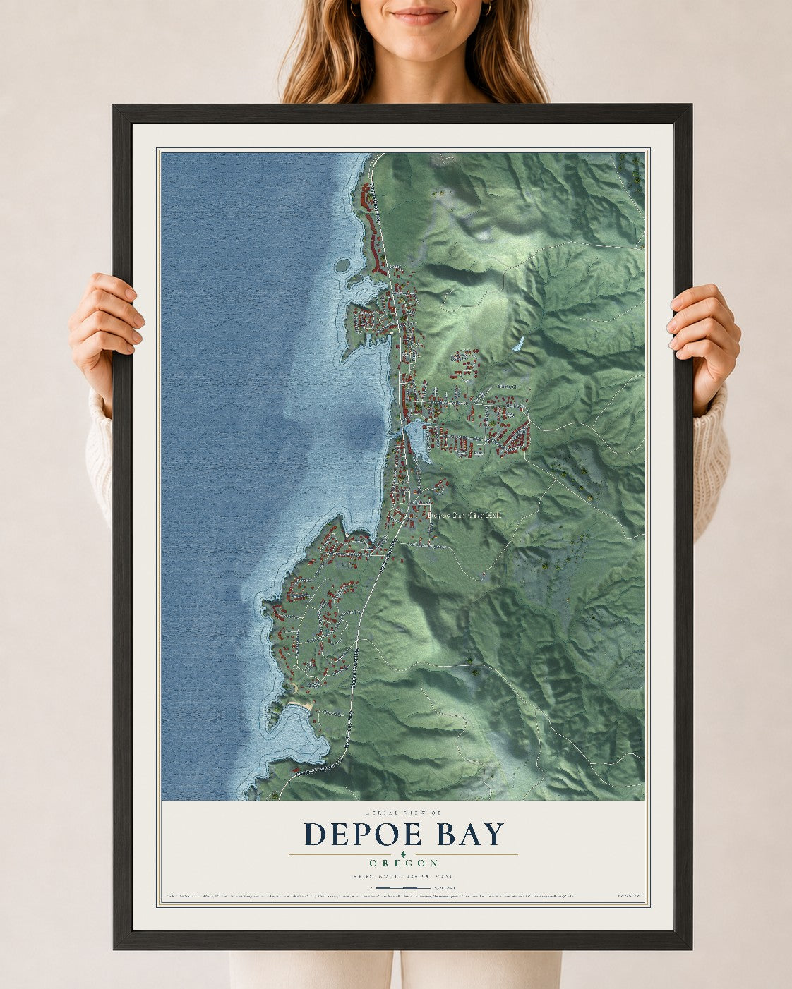 Map of Depoe Bay, Oregon, 24 x 36 inch print in a black wood frame