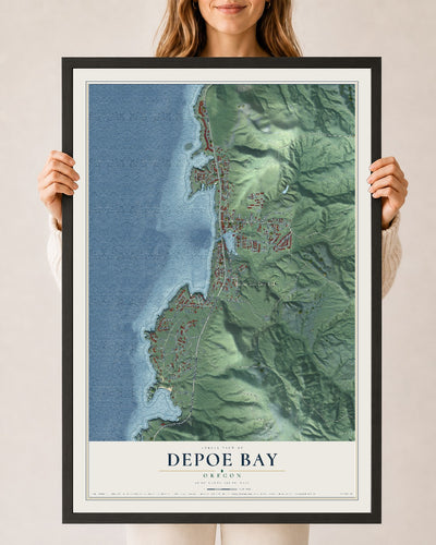 Map of Depoe Bay, Oregon, 24 x 36 inch print in a black wood frame