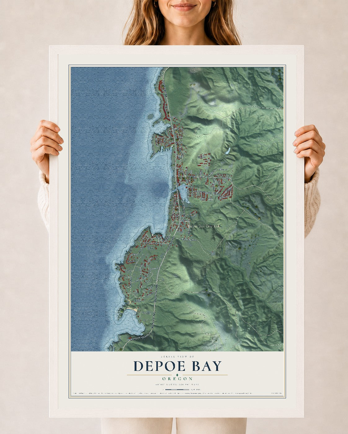 Map of Depoe Bay, Oregon, 24 x 36 inch print in a white wood frame