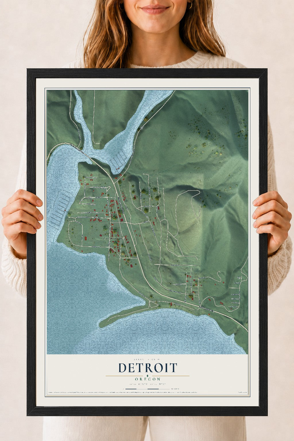 Map of Detroit, Oregon, 18 x 24 inch print in a black wood frame