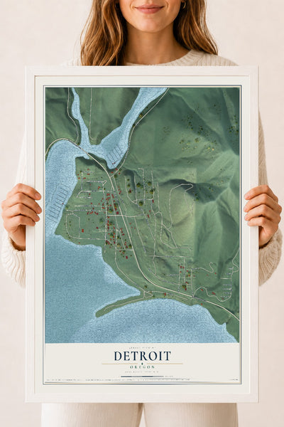 Map of Detroit, Oregon, 18 x 24 inch print in a white wood frame